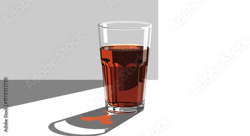 Glass of carbonated soda with bubbles and a long shadow