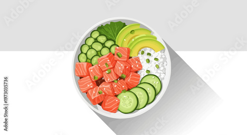 Delicious and colorful salmon poke bowl illustration.