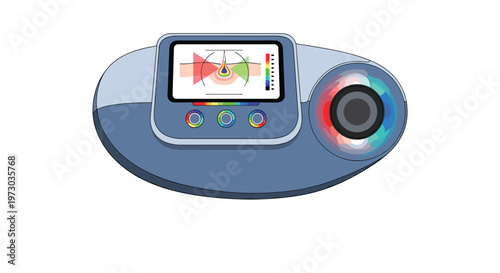 A futuristic, oval-shaped medical device with a screen displaying skin analysis and colorful buttons is centered on a white background.