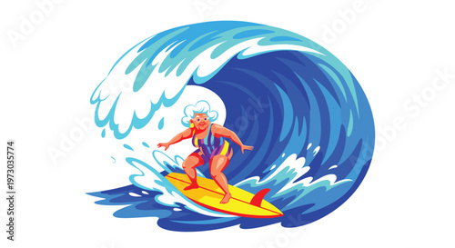 A cheerful elderly cartoon woman with white hair is actively surfing a large, curling blue ocean wave on a yellow surfboard on a white background.
