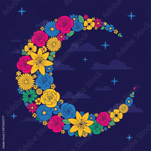 Colorful floral crescent moon design.