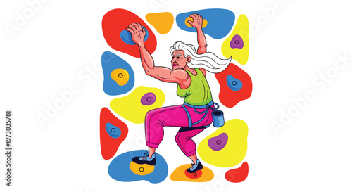 An elderly woman with white hair and a muscular physique is actively rock climbing on a colorful indoor wall.