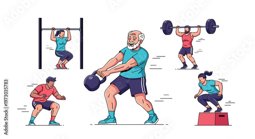 An elderly man performs a kettlebell swing, surrounded by four younger individuals doing pull-ups, squats, and box jumps on a white background.