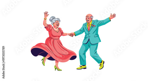 A vibrant cartoon elderly couple, dressed in a pink dress and teal suit, is joyfully dancing with linked hands on a white background.