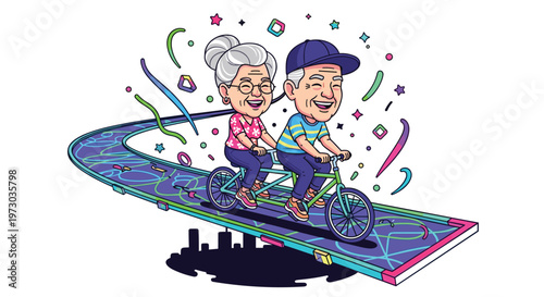A cheerful elderly cartoon couple is riding a green tandem bicycle on a winding futuristic track with stars and confetti on a white background.