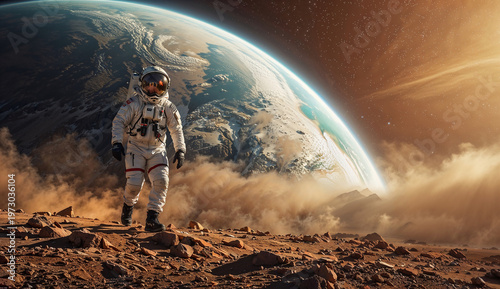 Astronaut in a spacesuit walks on a rocky alien planet, with Earth visible in the background. A dramatic orange sky enhances the scene's adventurous tone.