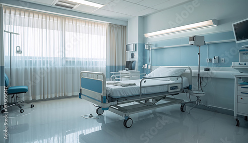 A clean, empty hospital room with a single bed, white curtains filtering soft light, medical equipment, and a chair, conveying a sterile, calm atmosphere.