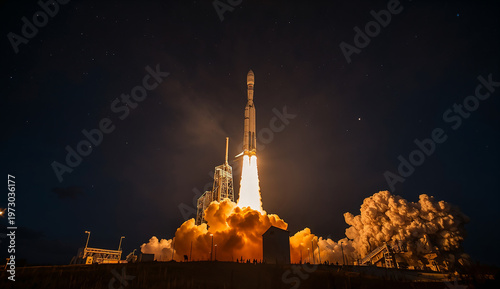 A rocket launches into the night sky, emitting bright flames and smoke. The backdrop of a starry sky conveys excitement and technological prowess.
