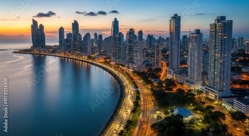 Panama City skyline at sunset with vibrant colors and modern architecture along the coast.