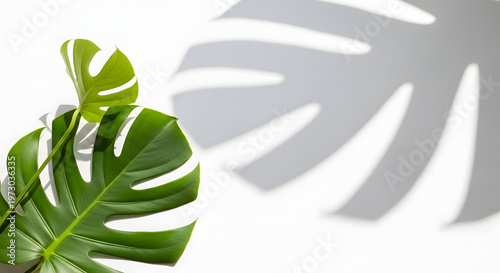 Vibrant green monstera deliciosa leaf casting a large, artistic shadow on a clean white background, creating a tropical and minimalist aesthetic.