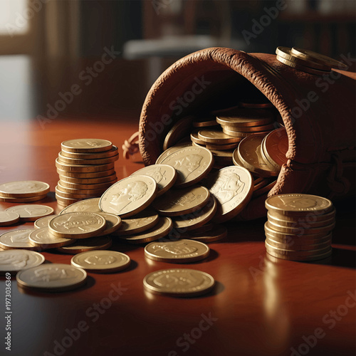 Coins spilling from brown leather pouch.