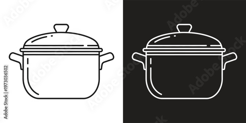 A simple line drawing of a pot with a lid on a white and black background