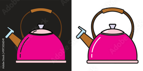 A vibrant pink kettle with a brown handle and spout on a black and white background