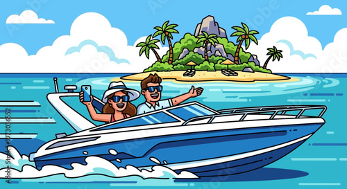 Couple on a Speedboat Enjoying Tropical Island Vacation