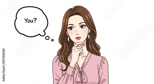 Woman thinking, questioning, wondering, confused, speech bubble with 'You?'
