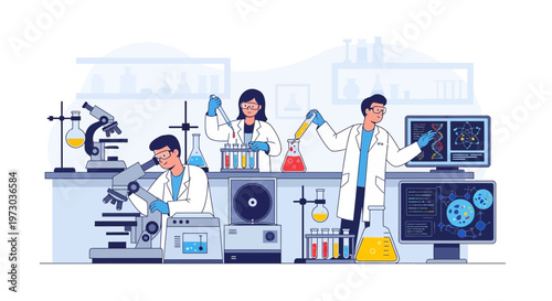Scientists working in a modern laboratory, conducting experiments with microscopes and test tubes.