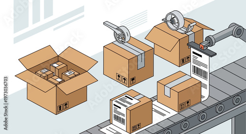 Automated packaging and shipping process with boxes on conveyor belt and robot arm