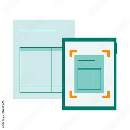 Flat vector illustration of tablet device scanning business invoice for digital document management and cloud bookkeeping efficiency showing paperless office workflow solutions
