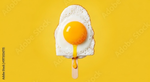 Fried egg on a stick, creative food concept resembling popsicle against a solid yellow background.