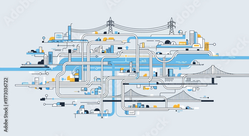 Abstract Urban Infrastructure Network: Pipes, Bridges, Power Lines, City Buildings