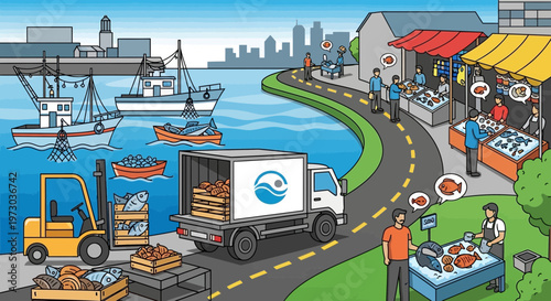 Seafood supply chain: fishing boats, fish market, delivery truck, and forklift at harbor.