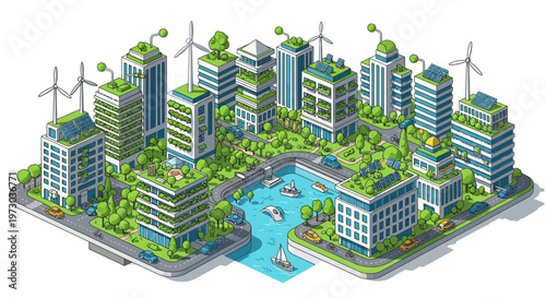 Eco-friendly city skyline with green buildings, rooftop gardens, wind turbines, and solar panels.