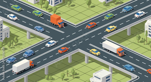 Isometric highway intersection with busy traffic and cars in a city