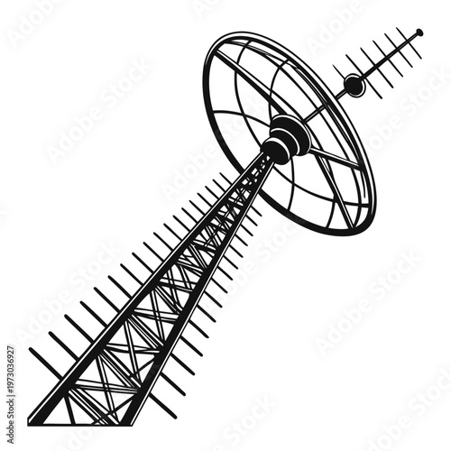 Vintage satellite dish antenna vector illustration. Retro telecommunications tower icon. Black and white radio transmitter station graphic.