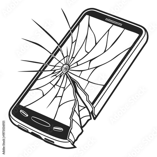 Broken smartphone with cracked screen vector, damaged mobile phone display illustration, smashed glass cell phone electronics repair icon