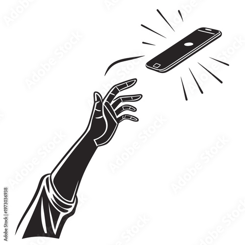 Minimalist black and white vector of hand throwing smartphone, reaching for falling mobile phone, digital detox concept illustration