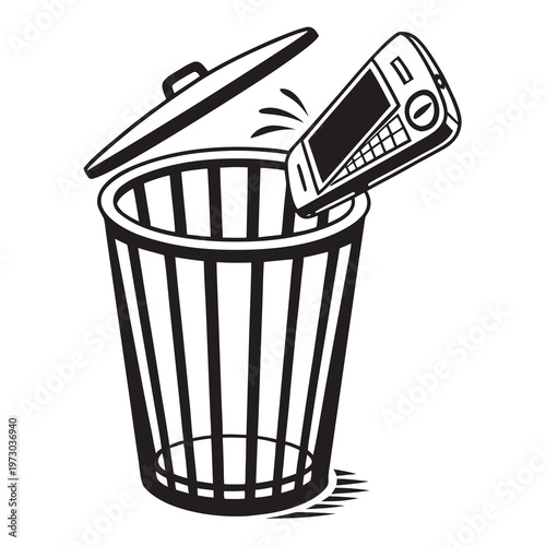 Retro woodcut style mobile phone being thrown into a trash can, vintage e-waste disposal concept, black and white vector illustration of discarding technology