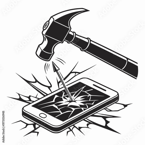 Vintage hammer hitting nail into broken smartphone screen, retro woodcut style mobile phone destruction, shattered glass display vector illustration