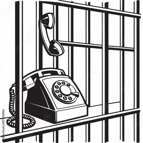 Vintage prison telephone behind metal bars, retro rotary phone in jail cell, black and white vector illustration of inmate communication system
