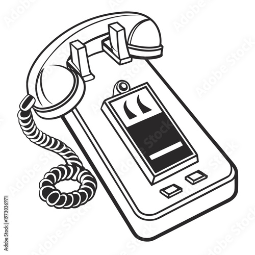 Vintage landline telephone vector illustration, retro office desk phone with coiled cord, classic black and white analog communication icon