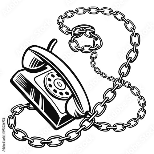 Vintage rotary telephone with metal chain, retro landline phone vector illustration, old fashioned communication device in hand drawn style