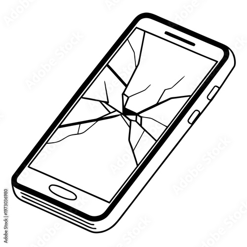 Broken smartphone with cracked screen vector illustration, damaged mobile phone display line art, smashed cellphone glass icon for repair services