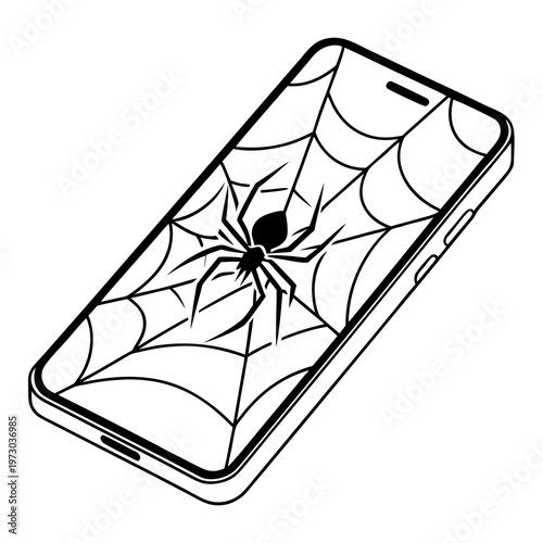 Minimalist smartphone vector icon with spider and web on screen, black and white mobile phone illustration, digital addiction and internet security concept