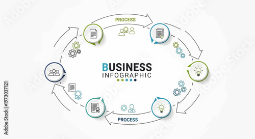 A modern business infographic vector visually representing a circular process with icons for figures, data, and communication, presented in a clean and minimalist style against a white
