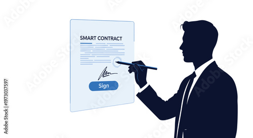 A dark blue silhouette of a male professional in a suit signs a SMART CONTRACT on a glowing digital screen.