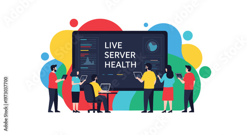 Seven tech workers monitor a large screen displaying live server health data, surrounded by colorful abstract shapes on a white background.