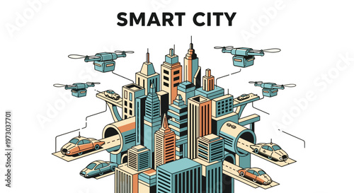 A retro-futuristic smart city illustration shows multiple skyscrapers, cars in elevated tubes, and drones flying above on a plain white background.