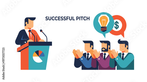 A presenter stands at a podium addressing three applauding investors with speech bubbles indicating ideas and money on a white background.