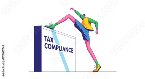 A vibrant stylized figure in a yellow shirt steps over a large white block labeled TAX COMPLIANCE on a white background.