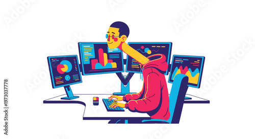 A stylized cartoon person with an elongated neck is sitting at a desk, typing on a keyboard, surrounded by four monitors displaying colorful charts.