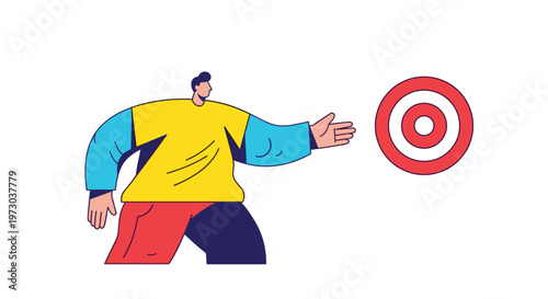 A stylized figure with a yellow shirt and red pants reaches their right arm towards a red and white target symbol on a white background.