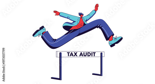 A vibrant stylized figure in a blue jacket jumps dynamically over a white hurdle labeled TAX AUDIT on a white background.