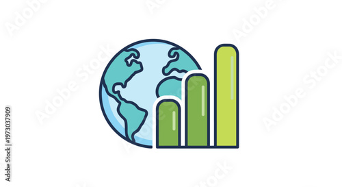 A stylized globe is depicted alongside three progressively taller green bar graphs, illustrating global growth and development.