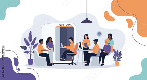 Employees utilize various workspaces, including a quiet zone booth, in a modern office environment with plants and abstract background elements.