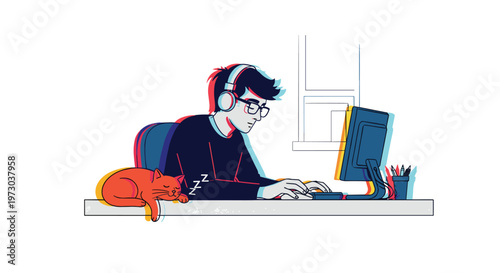 An illustrated male developer with headphones and glasses sits at a desk typing on a computer with a sleeping orange cat.