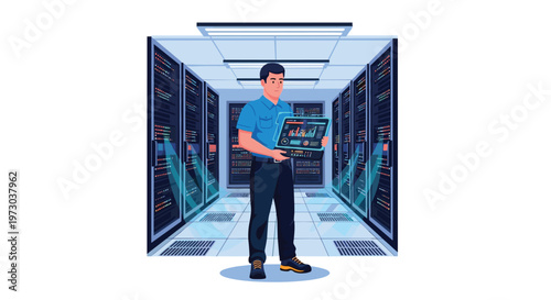 A male technician is standing in a data center aisle, holding a tablet with data visualizations.
